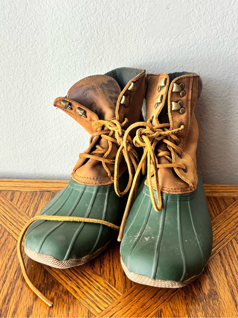 Women’s Two-Tone Green and Brown Waterproof Duck Boots - Picture 2 of 6